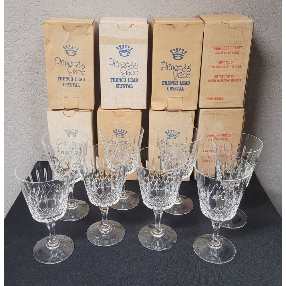 Vintage Princess Grace French Lead Crystal Water Goblets Set of 8 w/ Boxes Read